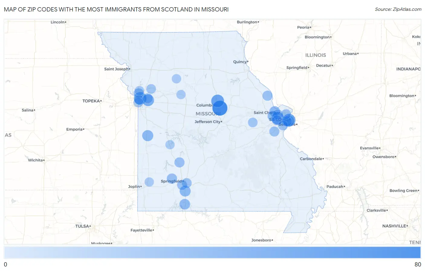 Zip Codes with the Most Immigrants from Scotland in Missouri Map