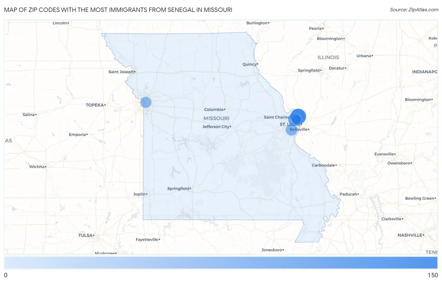 Zip Codes with the Most Immigrants from Senegal in Missouri Map
