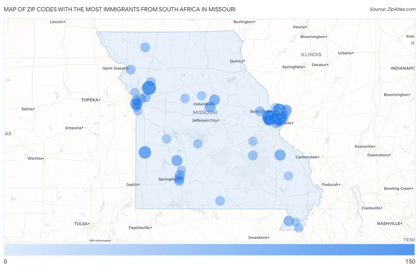 Zip Codes with the Most Immigrants from South Africa in Missouri Map