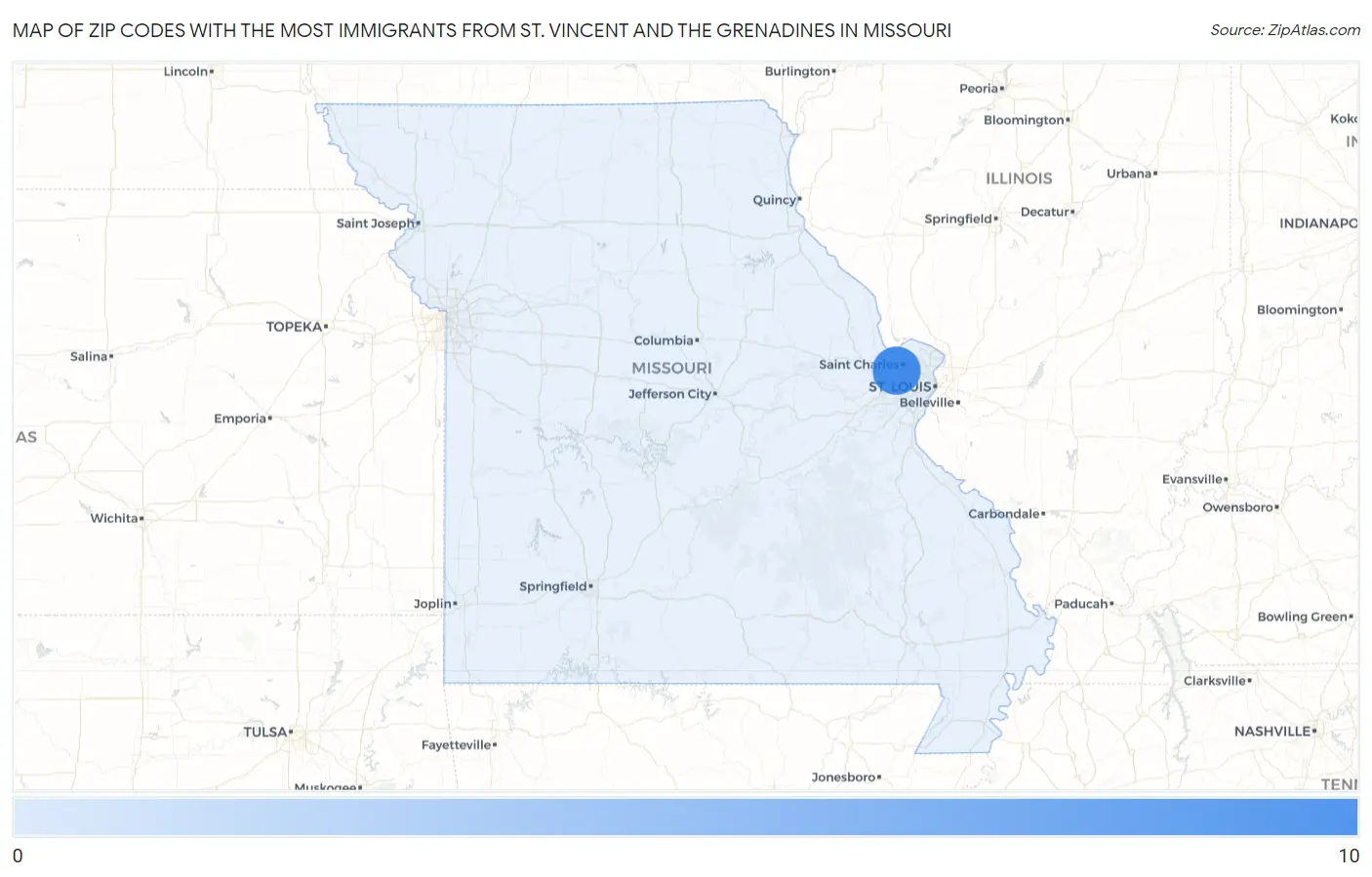 Zip Codes with the Most Immigrants from St. Vincent and the Grenadines in Missouri Map