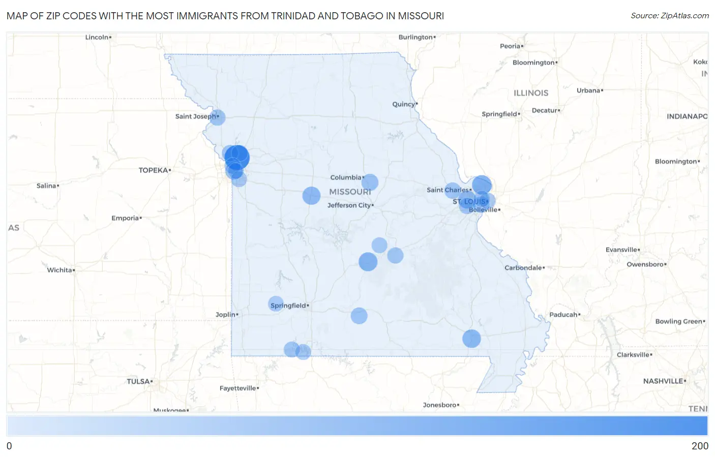 Zip Codes with the Most Immigrants from Trinidad and Tobago in Missouri Map