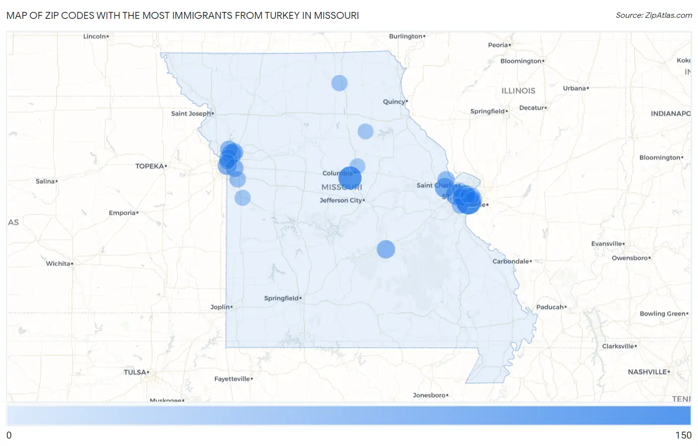 Zip Codes with the Most Immigrants from Turkey in Missouri Map