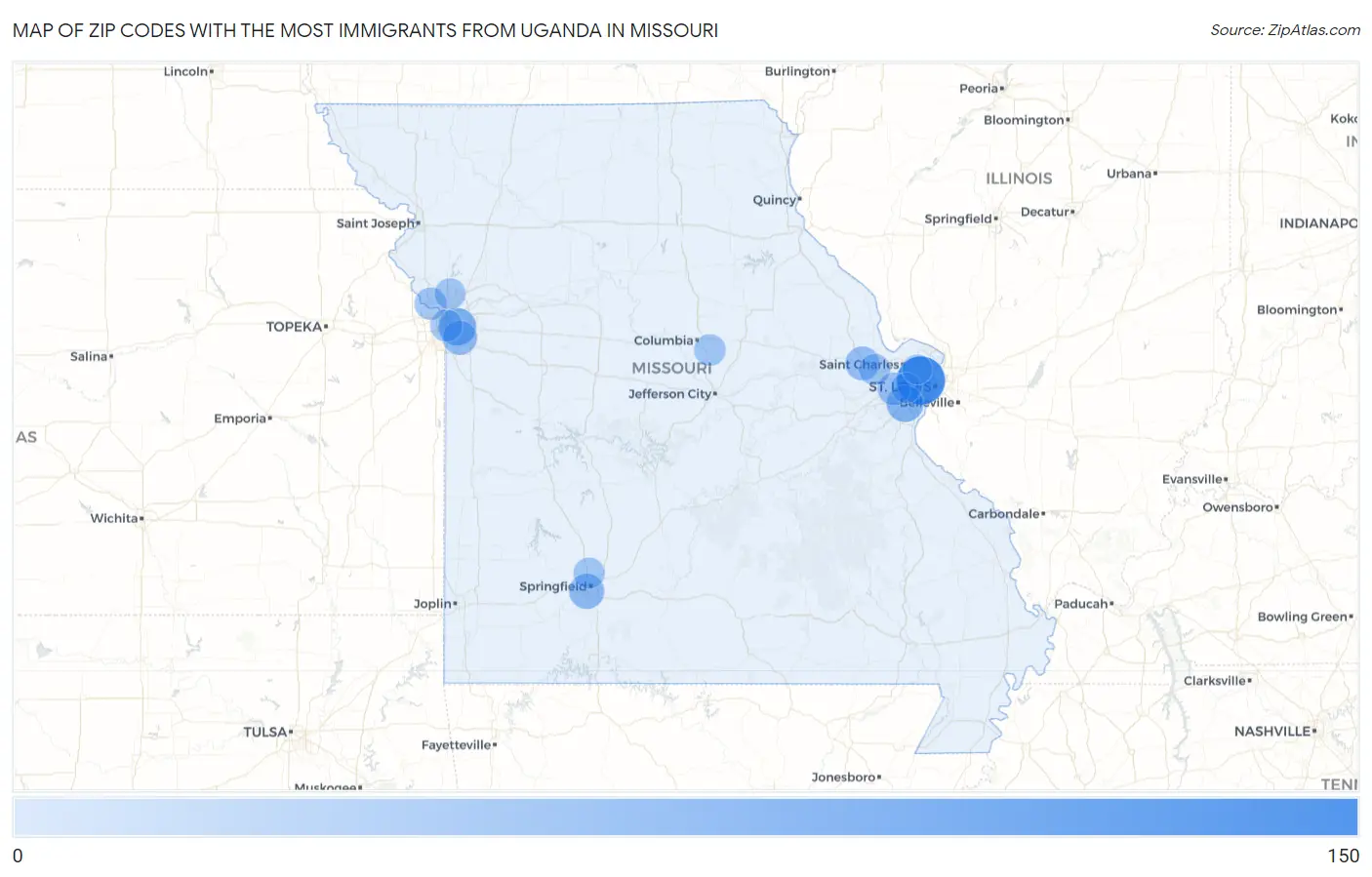 Zip Codes with the Most Immigrants from Uganda in Missouri Map