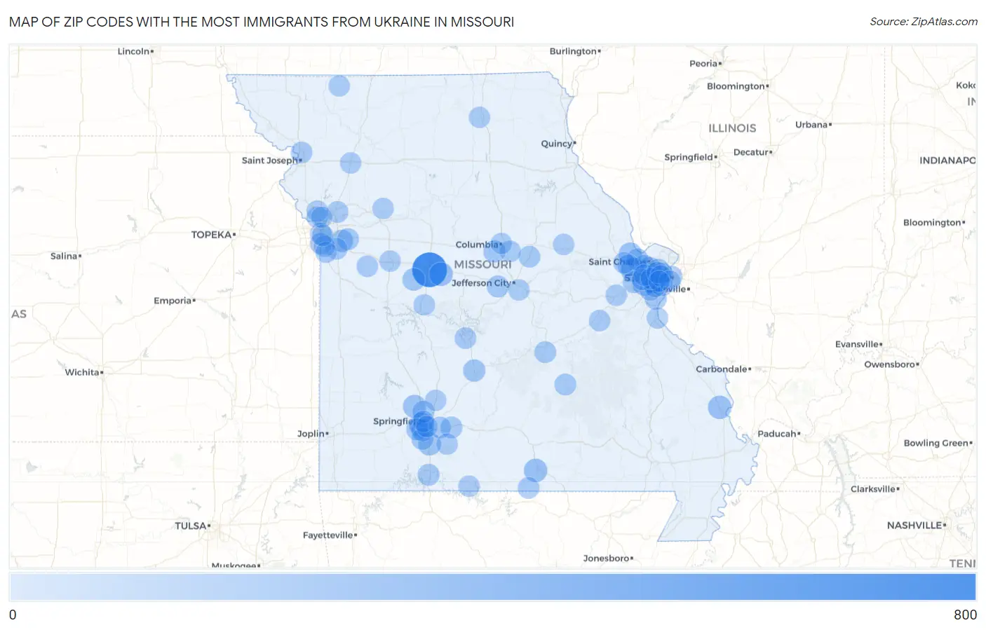 Zip Codes with the Most Immigrants from Ukraine in Missouri Map