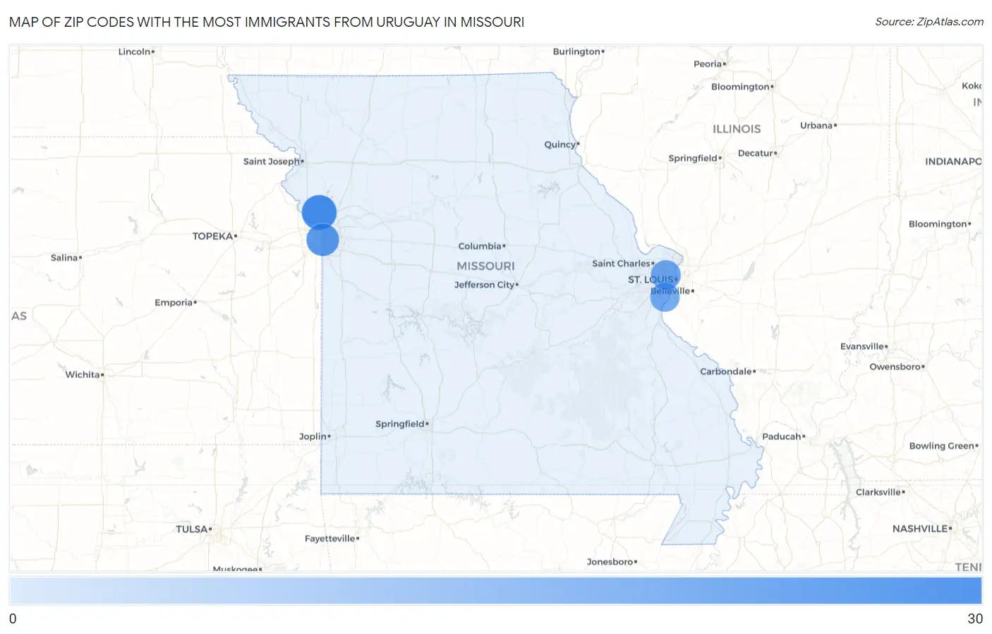 Zip Codes with the Most Immigrants from Uruguay in Missouri Map