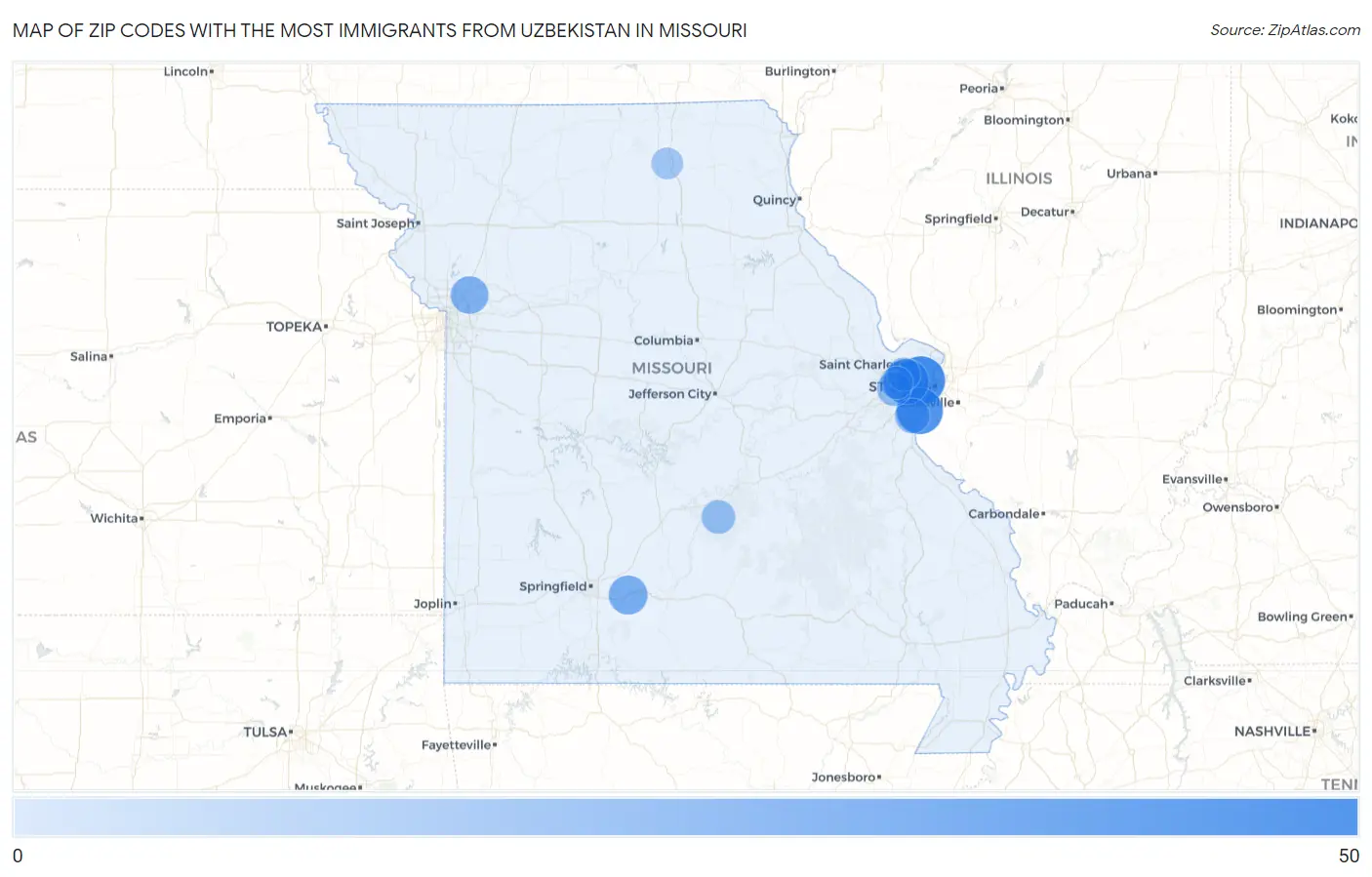 Zip Codes with the Most Immigrants from Uzbekistan in Missouri Map