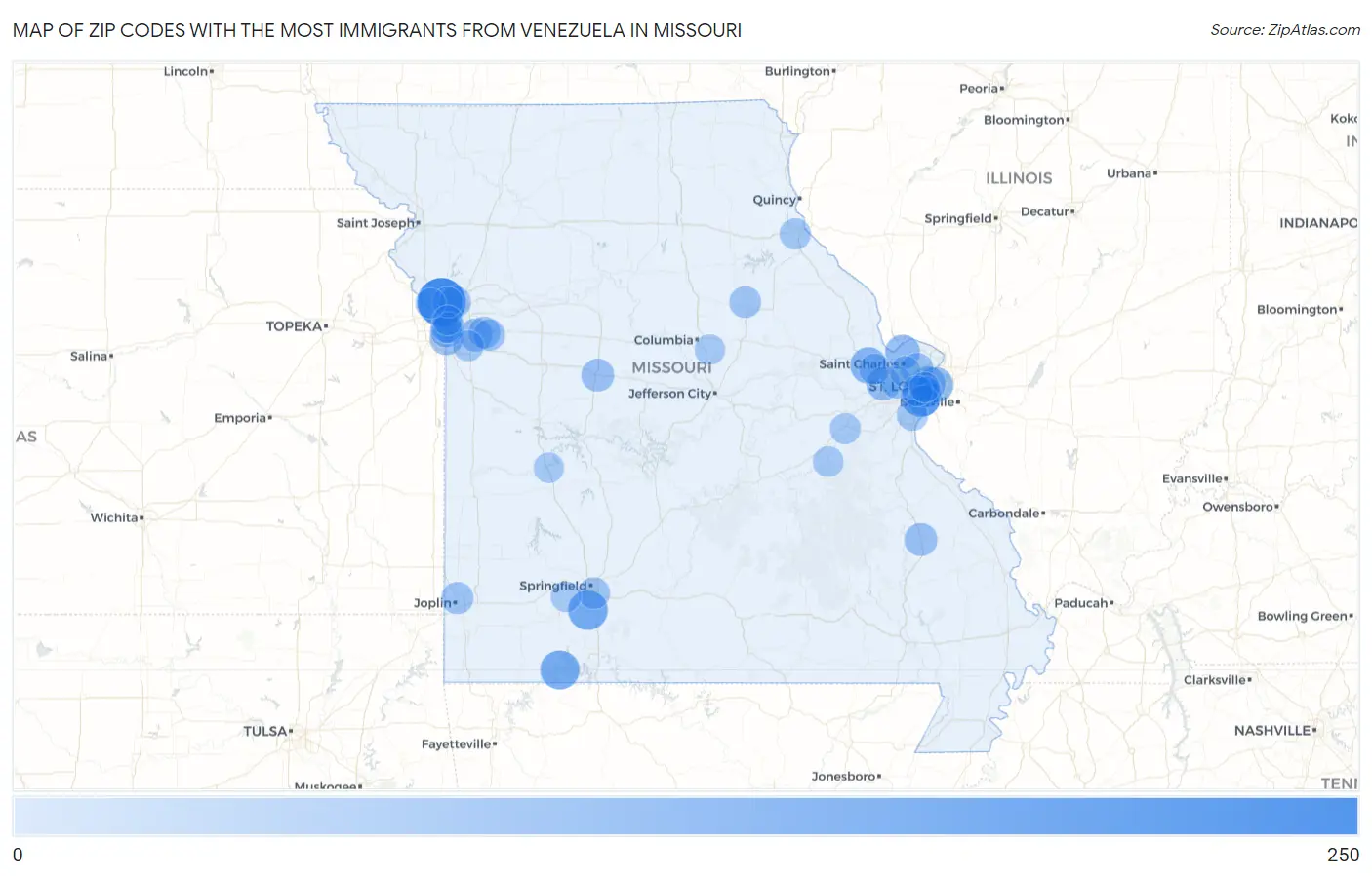Zip Codes with the Most Immigrants from Venezuela in Missouri Map