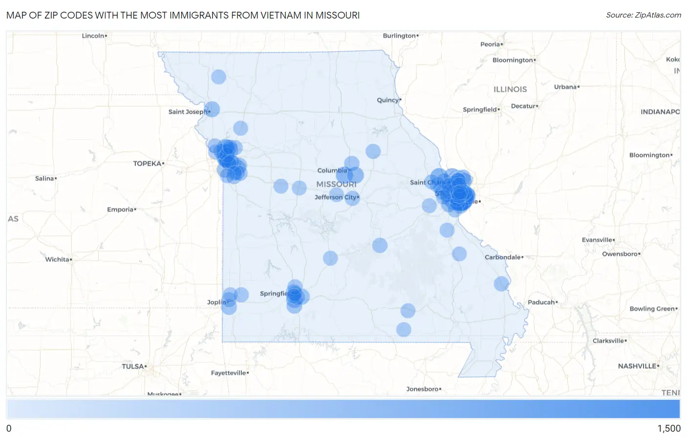 Zip Codes with the Most Immigrants from Vietnam in Missouri Map