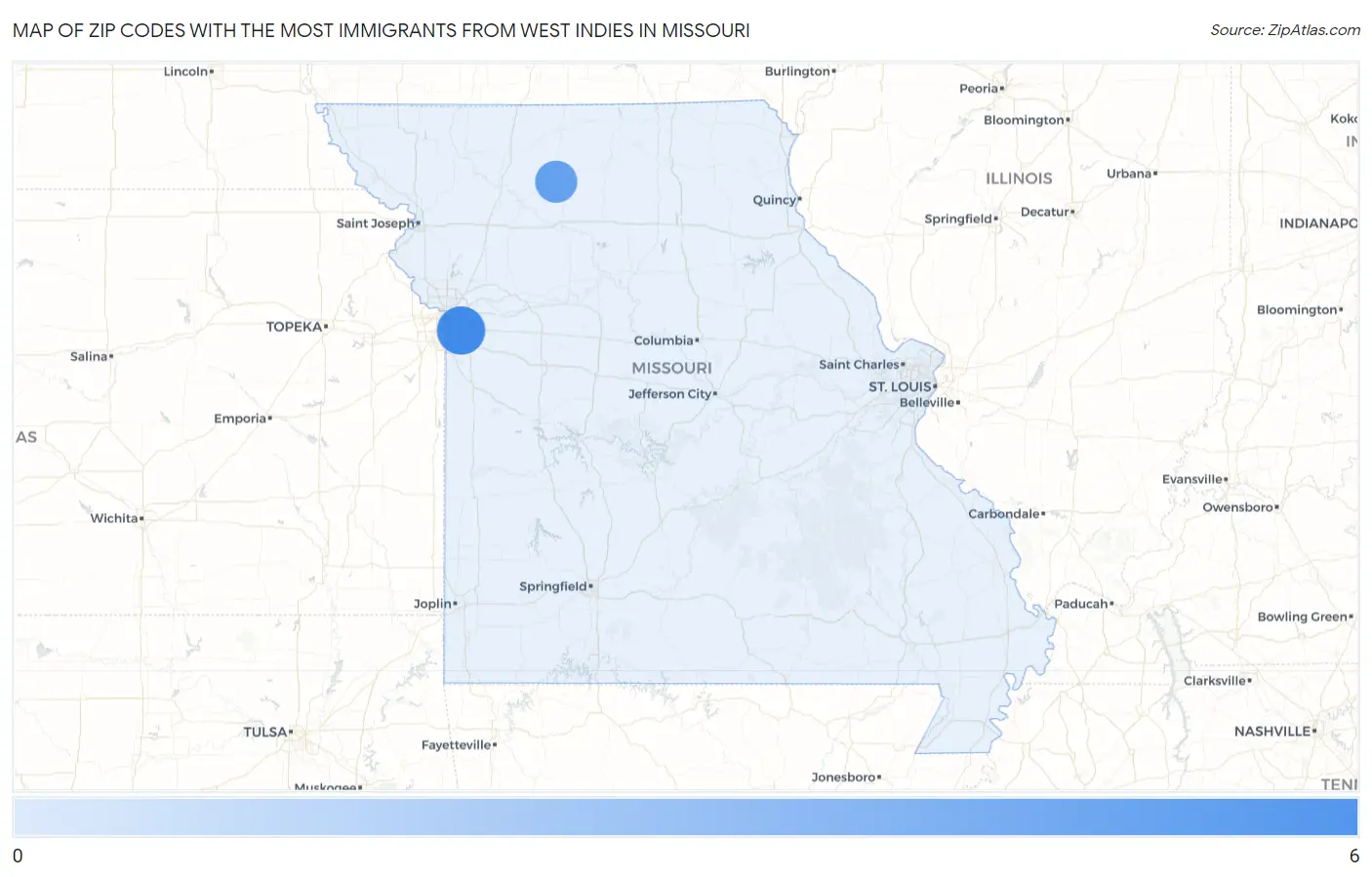 Zip Codes with the Most Immigrants from West Indies in Missouri Map