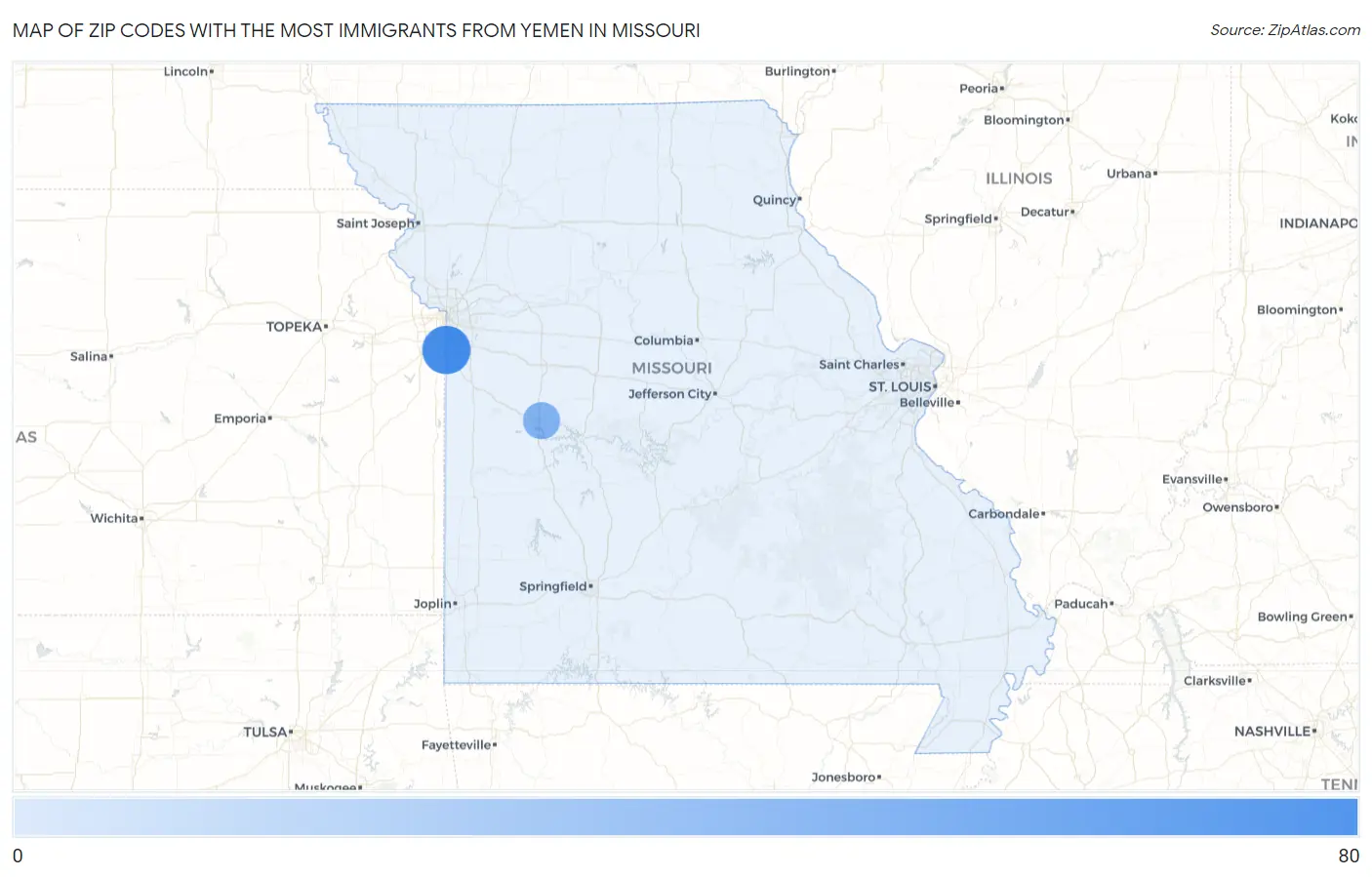 Zip Codes with the Most Immigrants from Yemen in Missouri Map