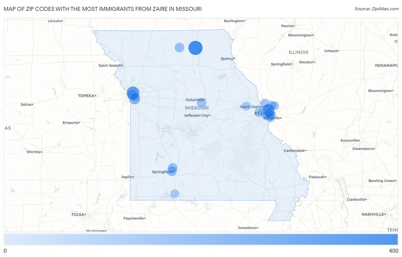Zip Codes with the Most Immigrants from Zaire in Missouri Map