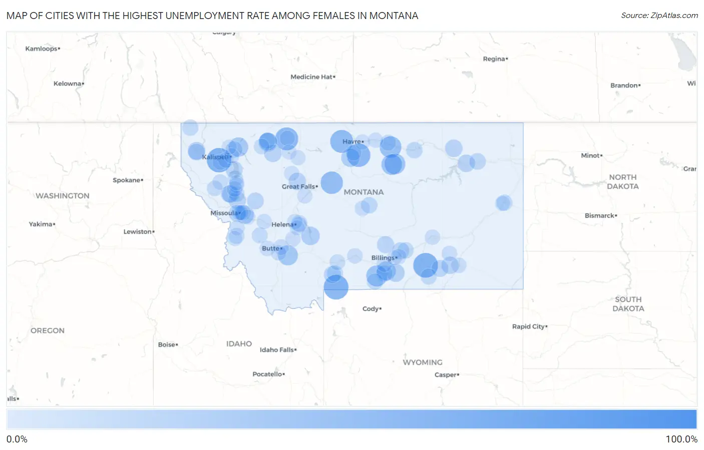 Cities with the Highest Unemployment Rate Among Females in Montana Map