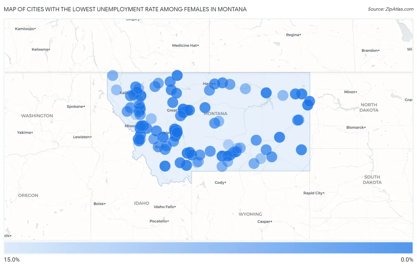 Cities with the Lowest Unemployment Rate Among Females in Montana Map