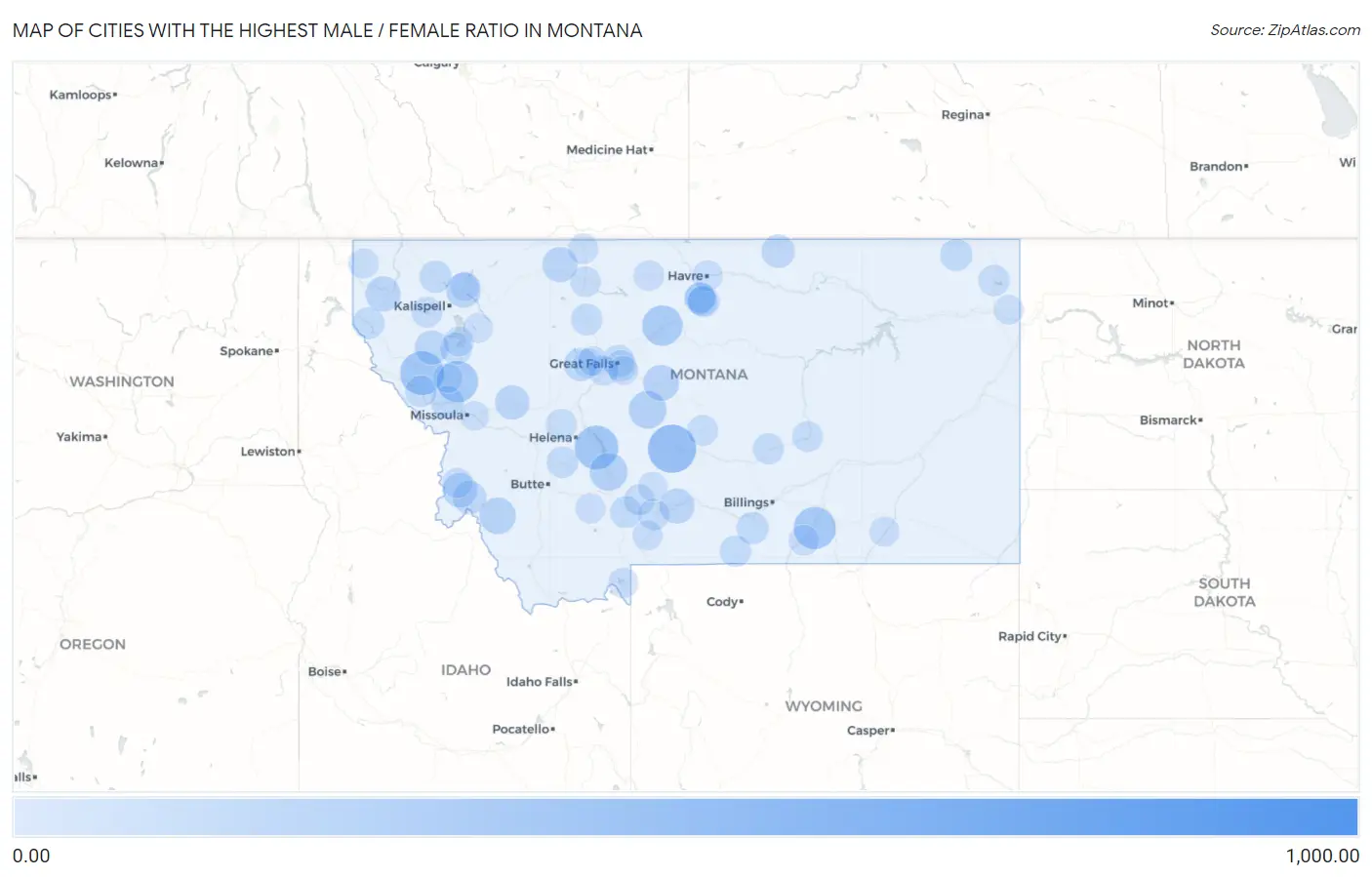 Cities with the Highest Male / Female Ratio in Montana Map