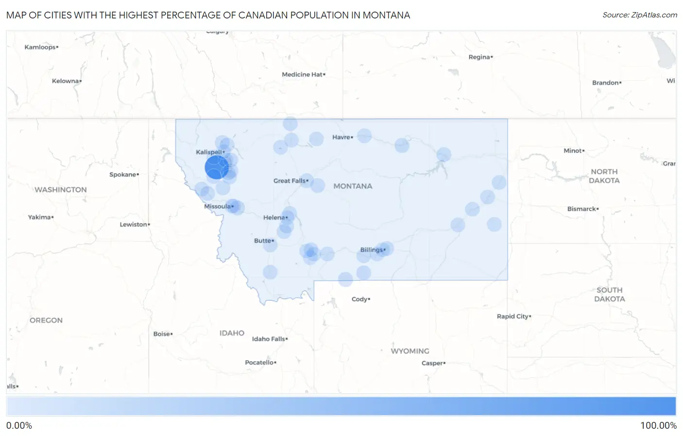 Cities with the Highest Percentage of Canadian Population in Montana Map