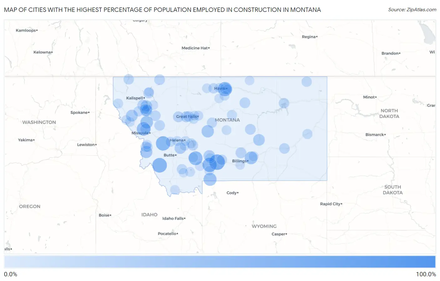 Cities with the Highest Percentage of Population Employed in Construction in Montana Map