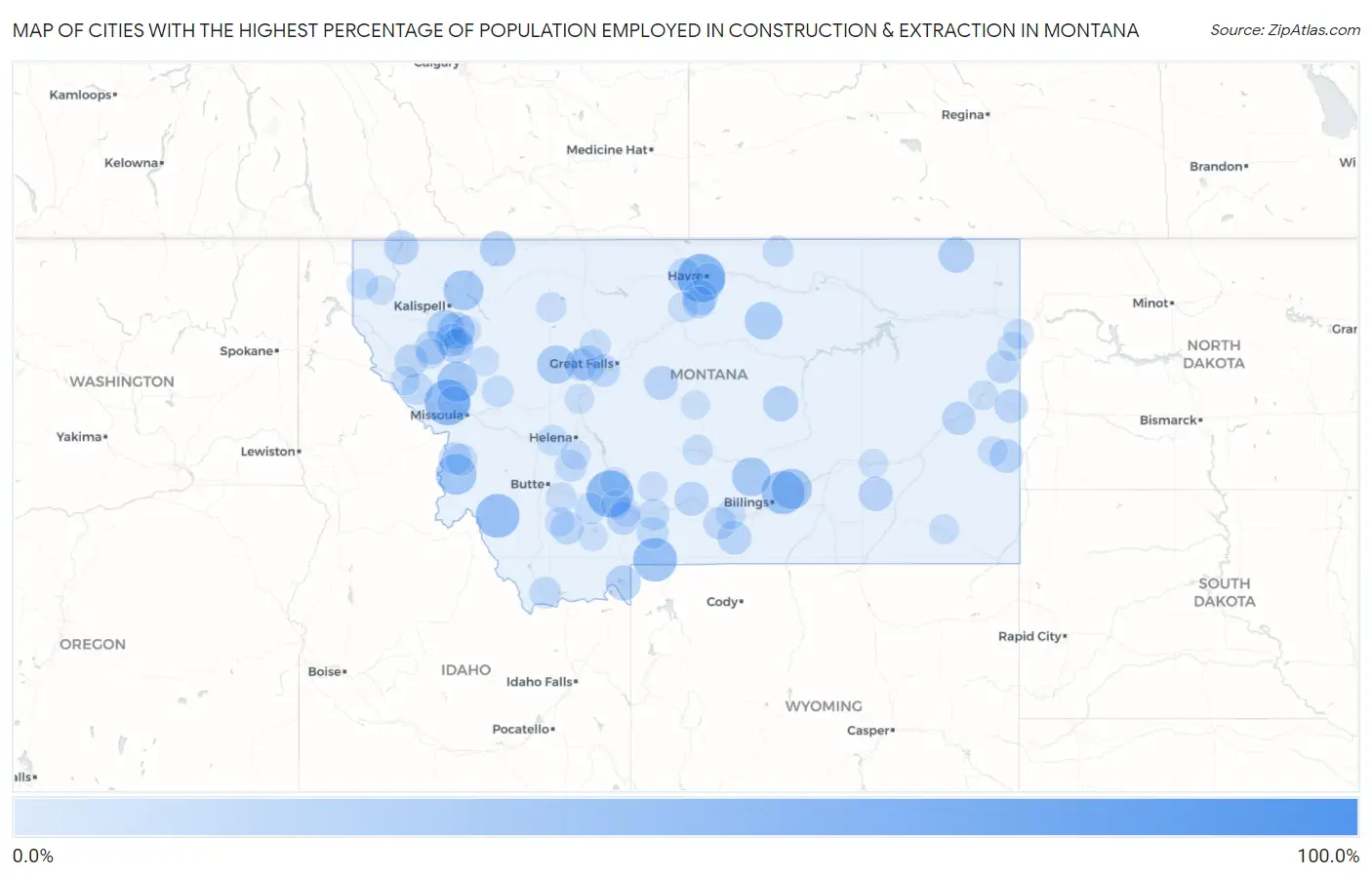 Cities with the Highest Percentage of Population Employed in Construction & Extraction in Montana Map