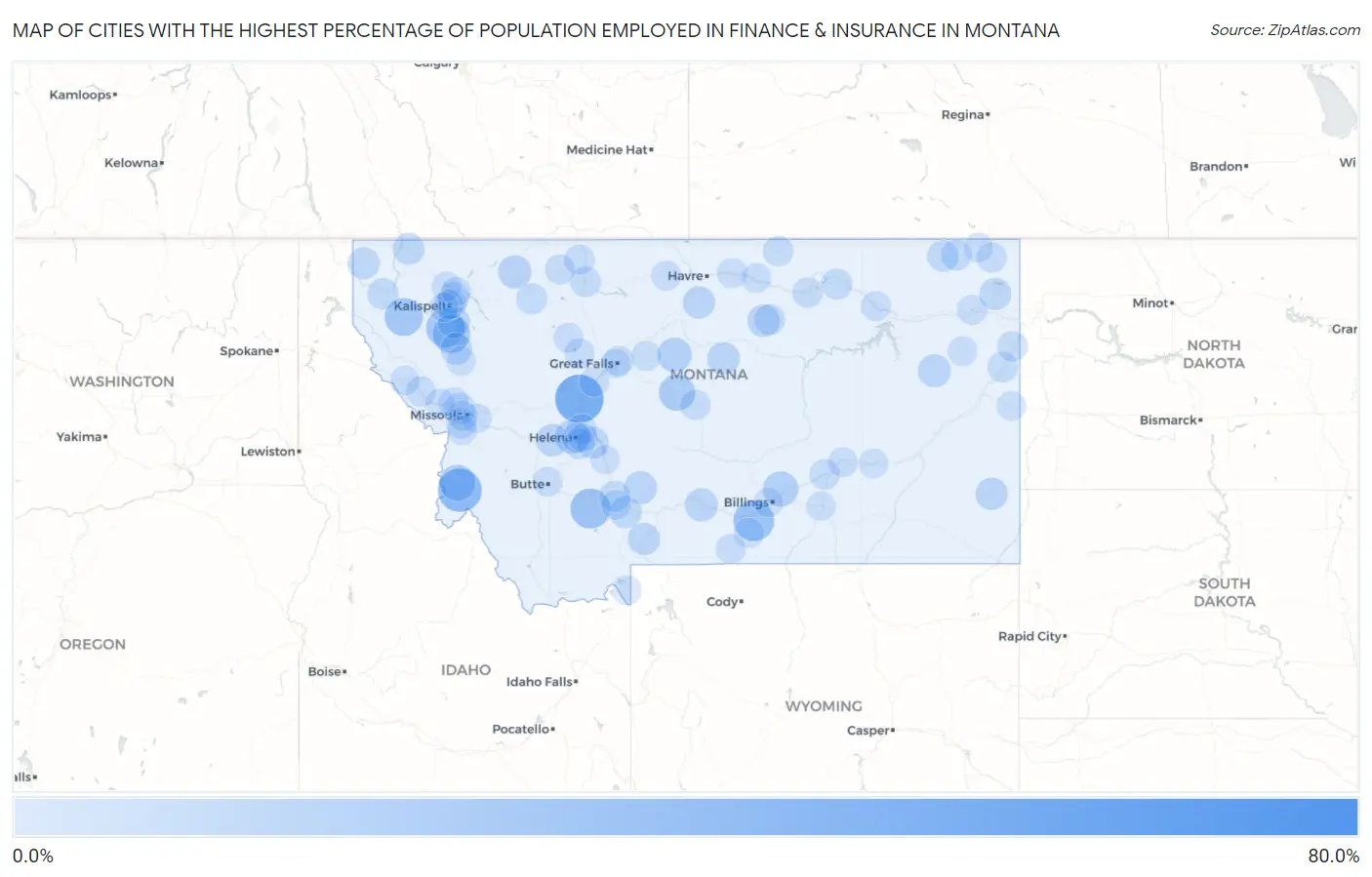 Cities with the Highest Percentage of Population Employed in Finance & Insurance in Montana Map