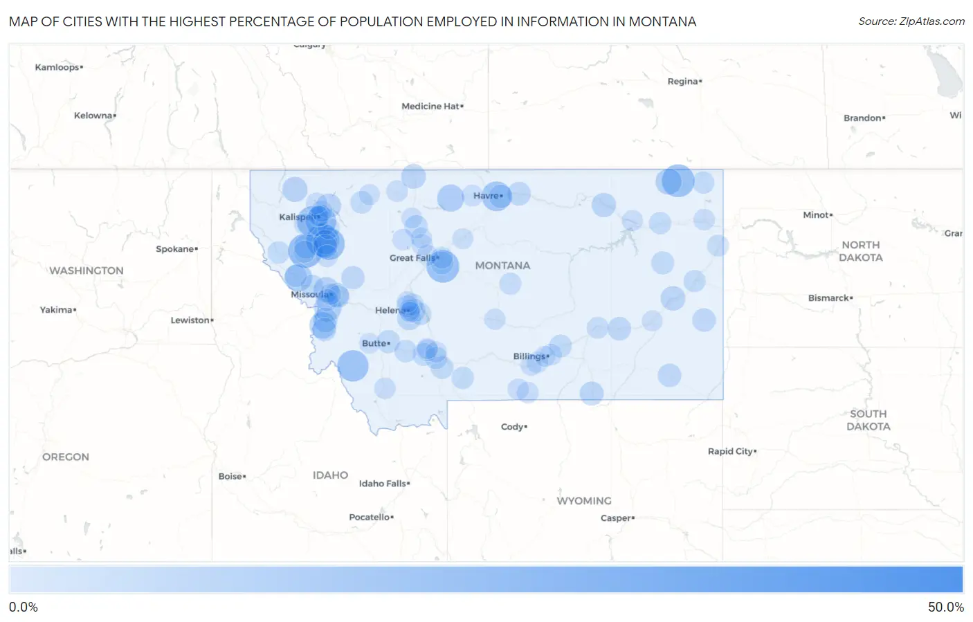 Cities with the Highest Percentage of Population Employed in Information in Montana Map