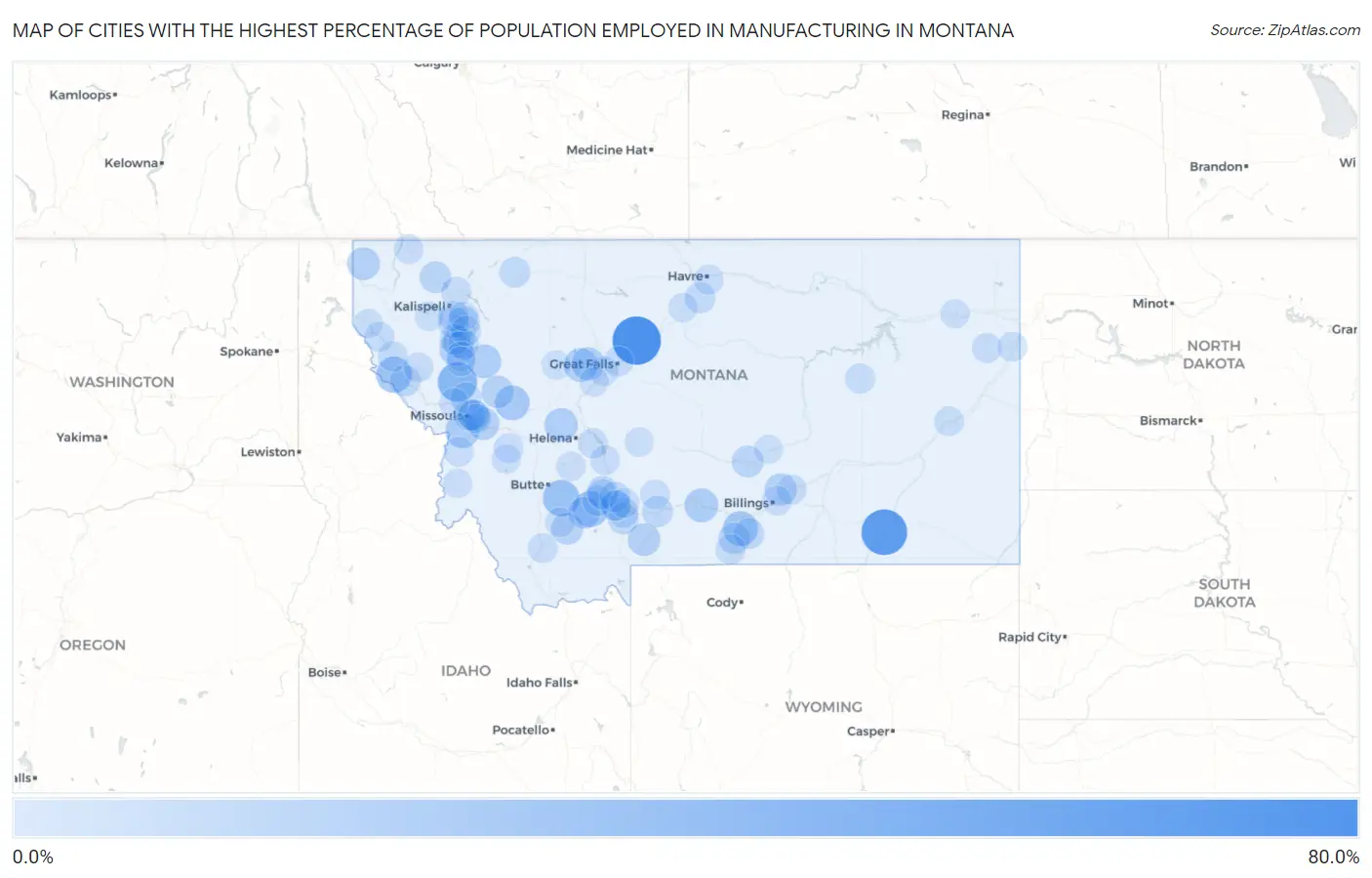 Cities with the Highest Percentage of Population Employed in Manufacturing in Montana Map