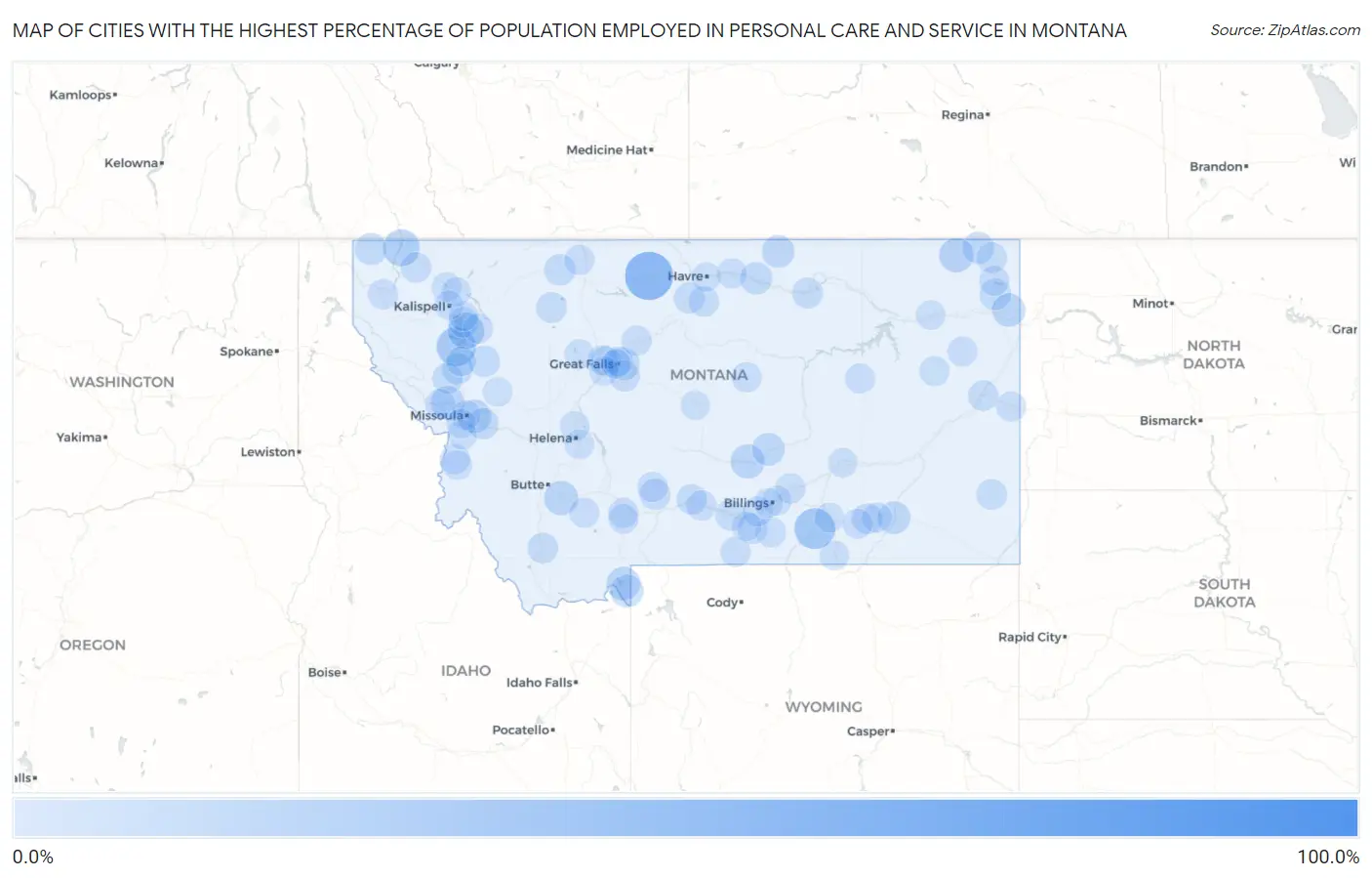 Cities with the Highest Percentage of Population Employed in Personal Care and Service in Montana Map