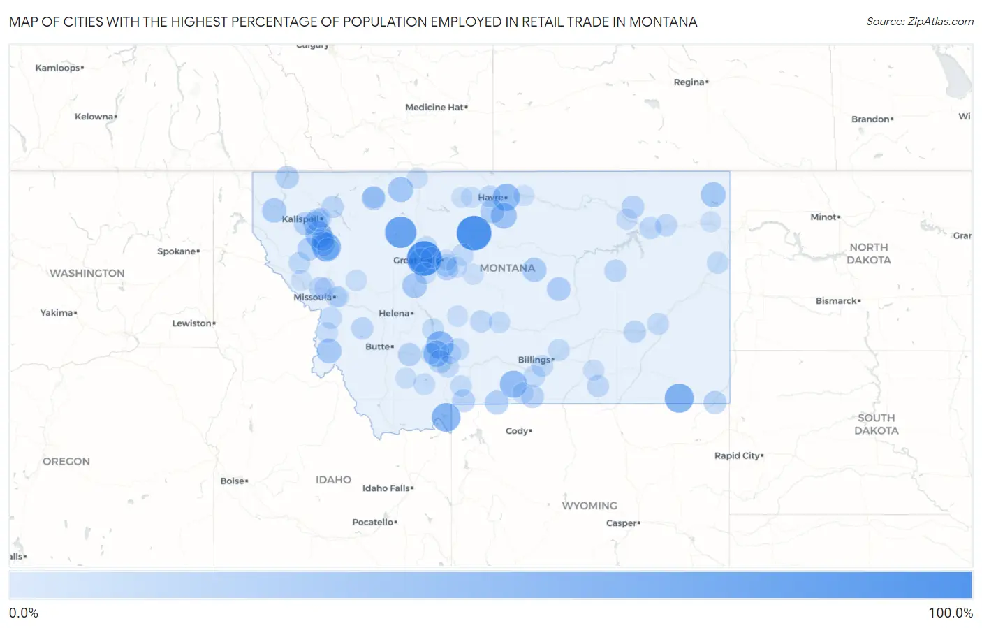 Cities with the Highest Percentage of Population Employed in Retail Trade in Montana Map