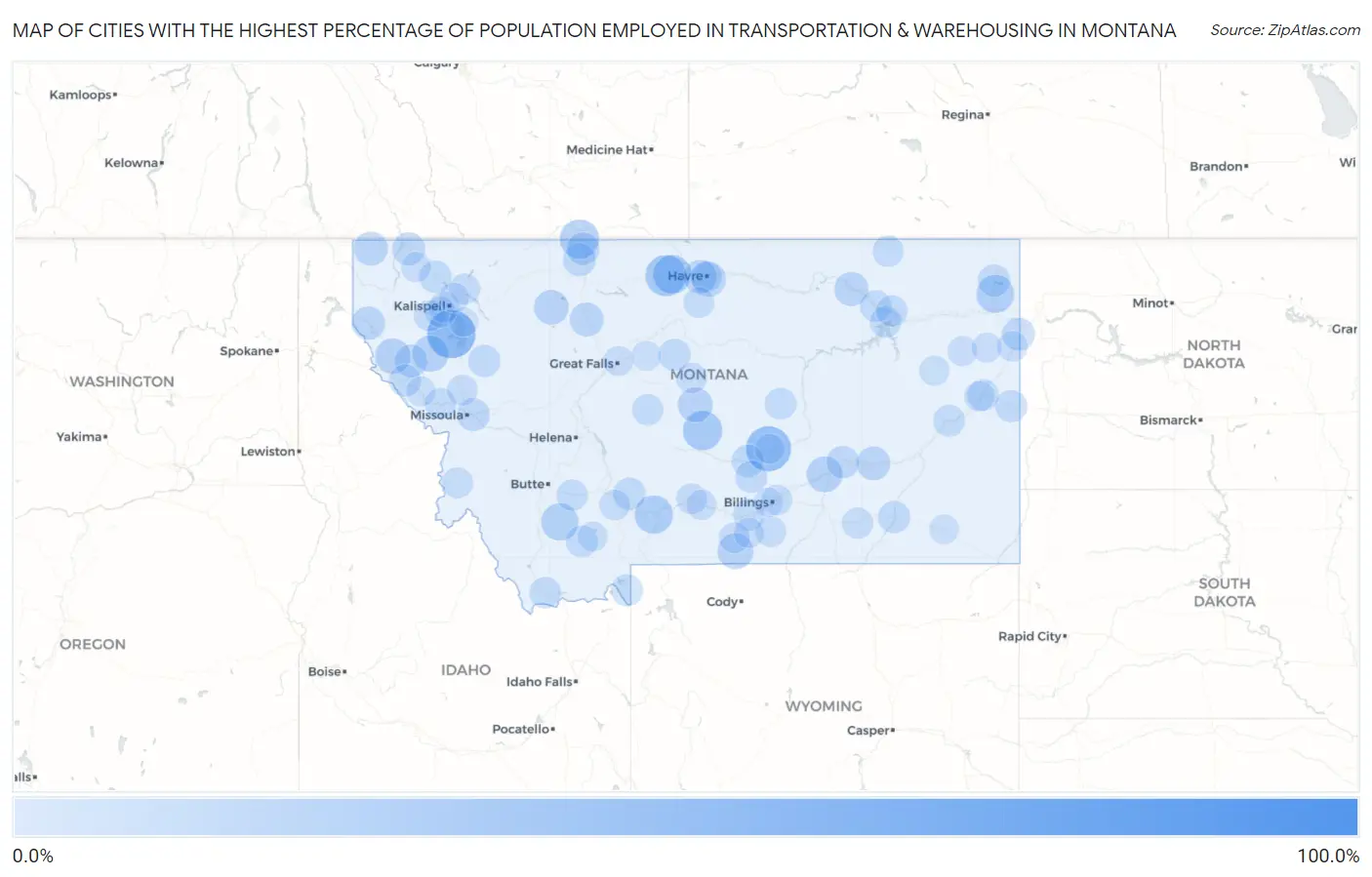 Cities with the Highest Percentage of Population Employed in Transportation & Warehousing in Montana Map