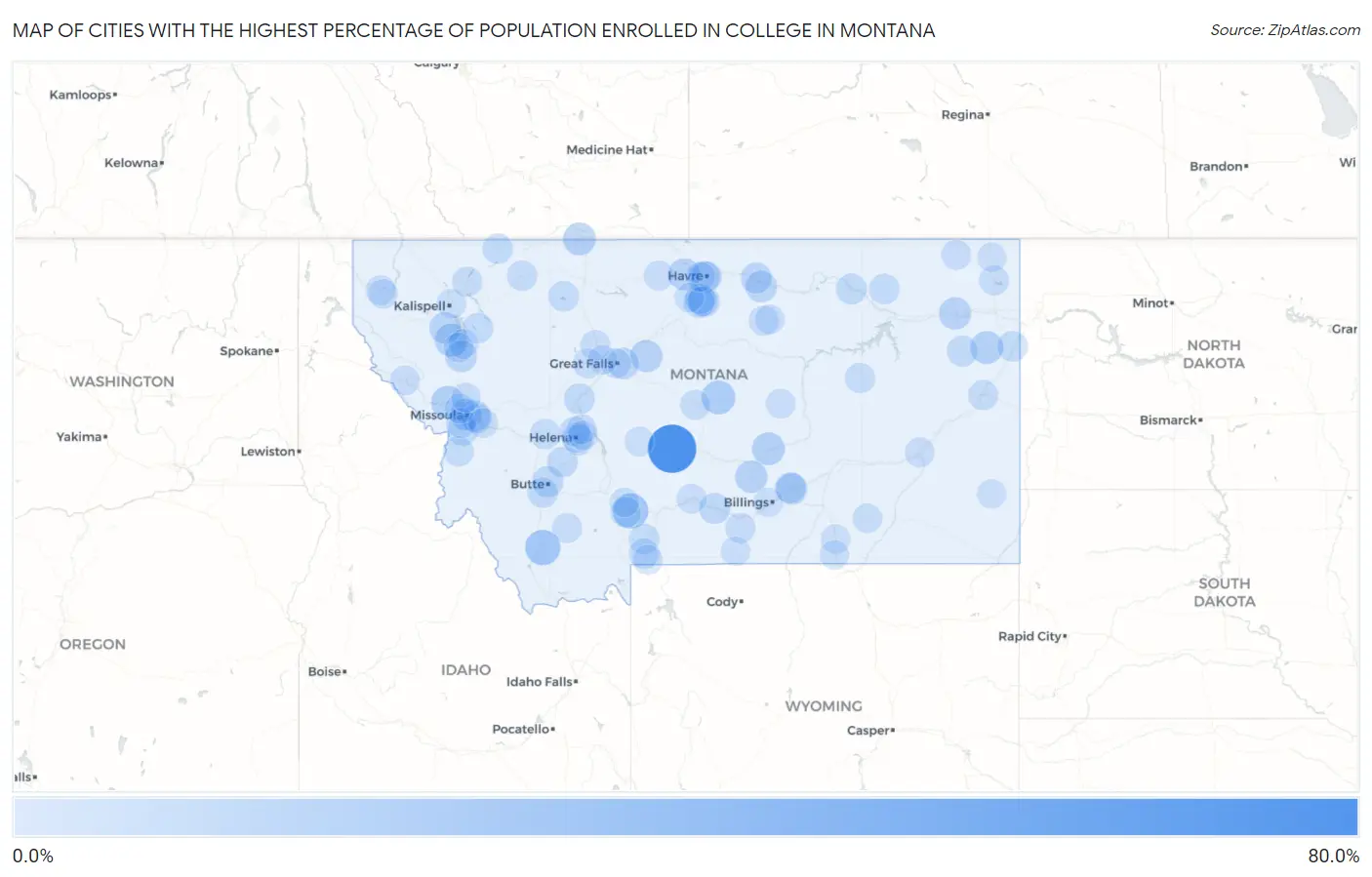 Cities with the Highest Percentage of Population Enrolled in College in Montana Map