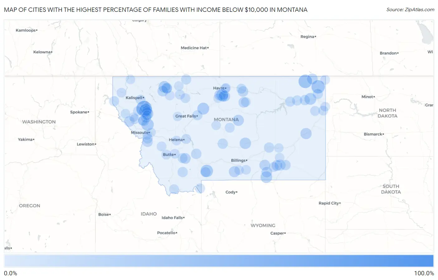 Cities with the Highest Percentage of Families with Income Below $10,000 in Montana Map