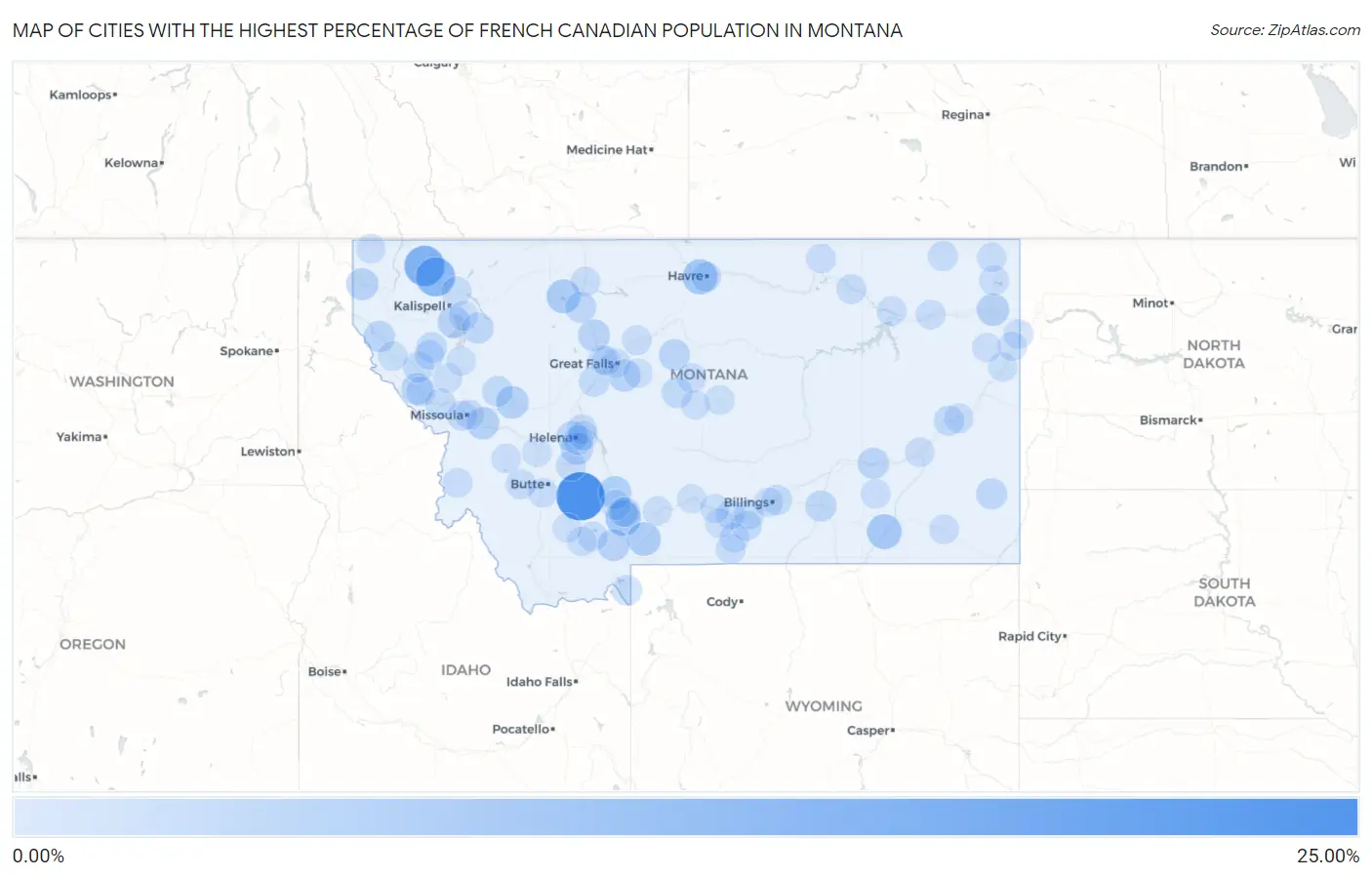 Cities with the Highest Percentage of French Canadian Population in Montana Map