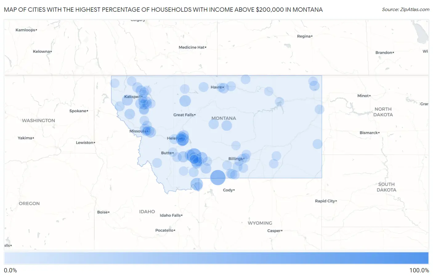 Cities with the Highest Percentage of Households with Income Above $200,000 in Montana Map