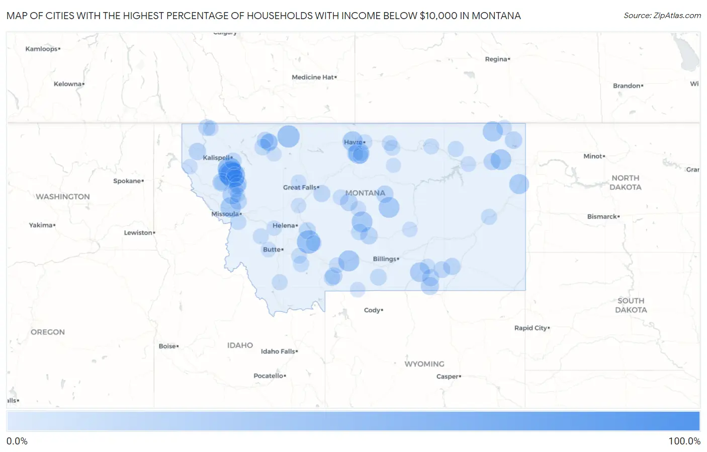Cities with the Highest Percentage of Households with Income Below $10,000 in Montana Map
