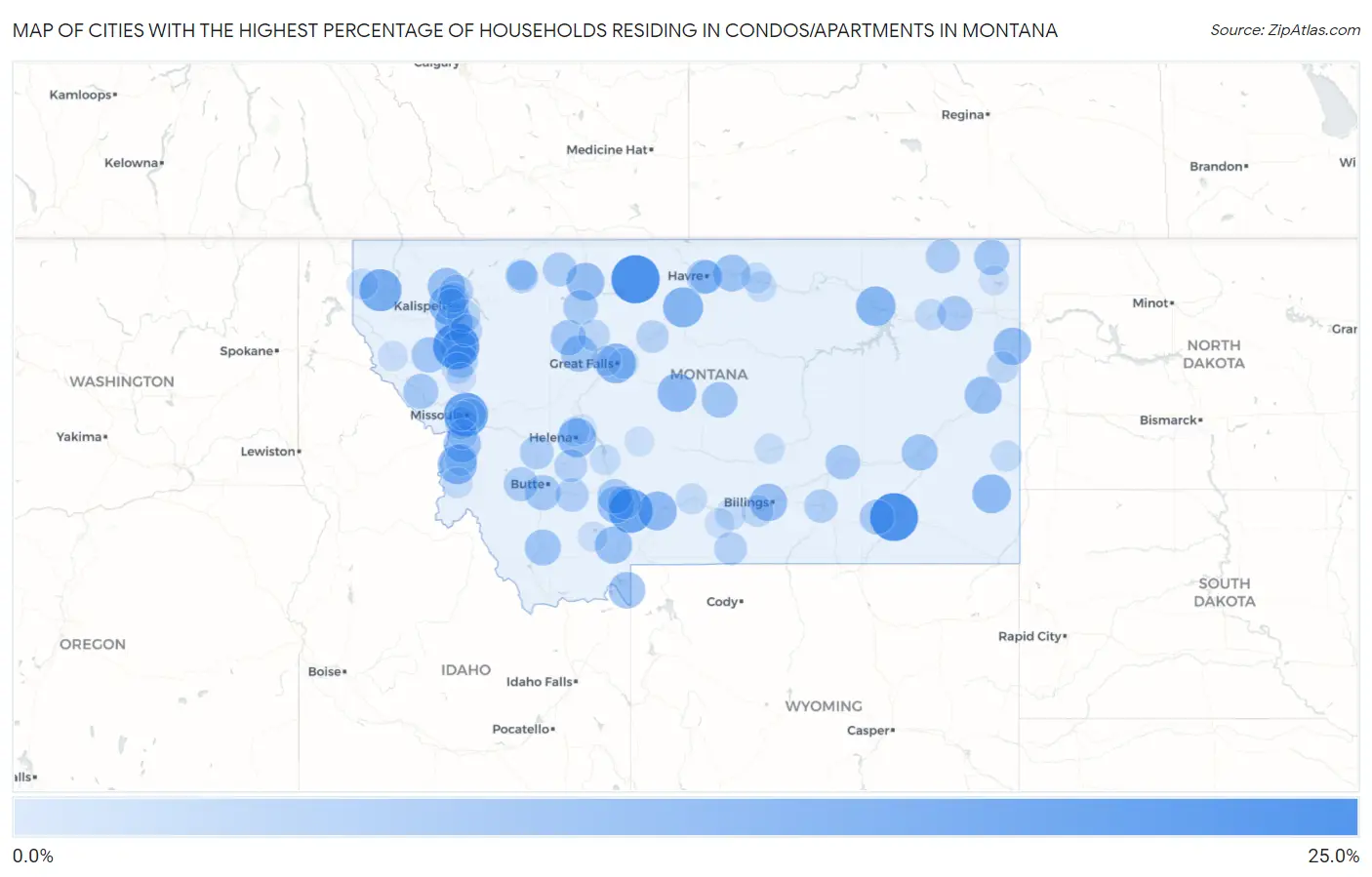 Cities with the Highest Percentage of Households Residing in Condos/Apartments in Montana Map