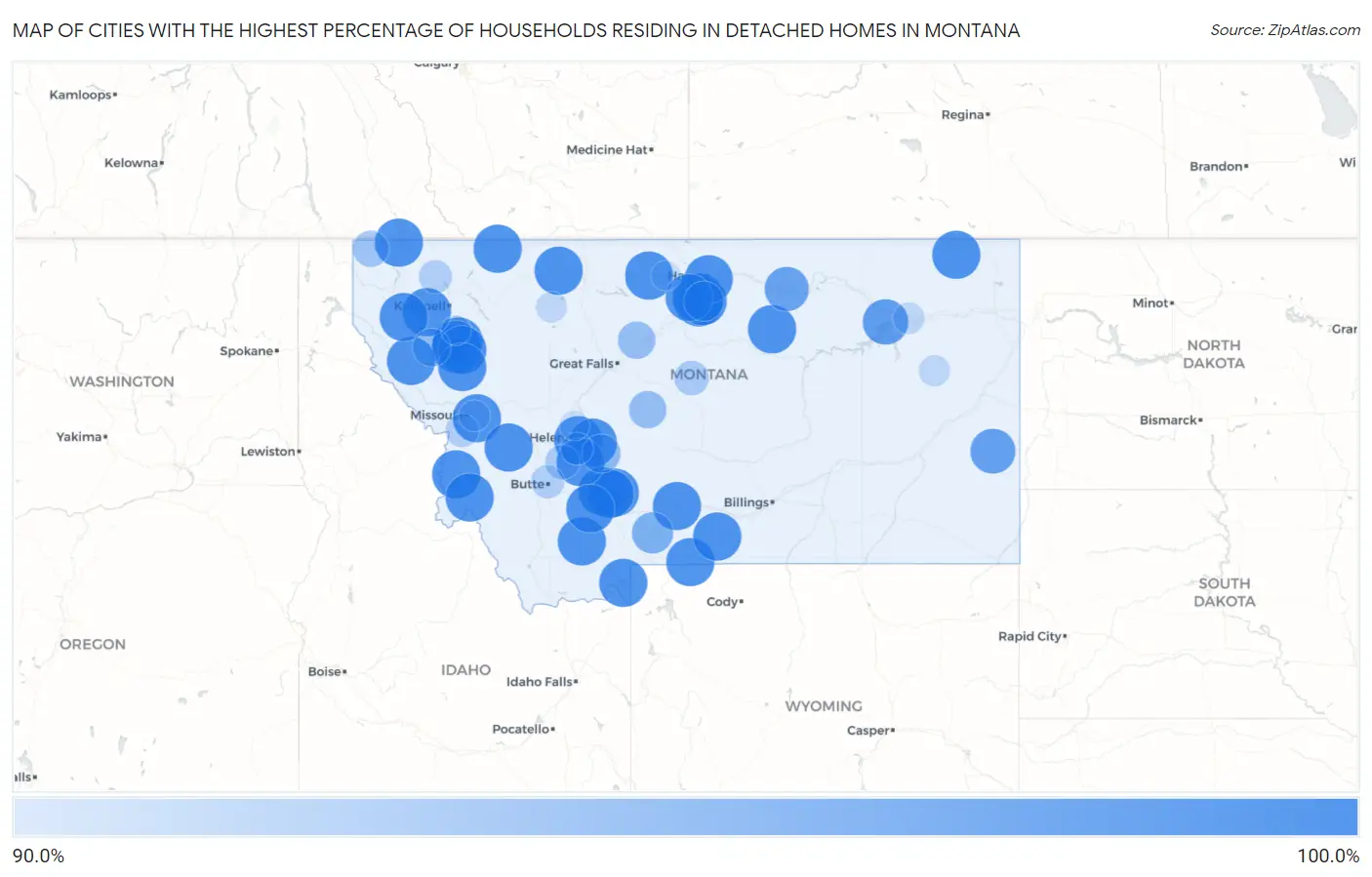 Cities with the Highest Percentage of Households Residing in Detached Homes in Montana Map