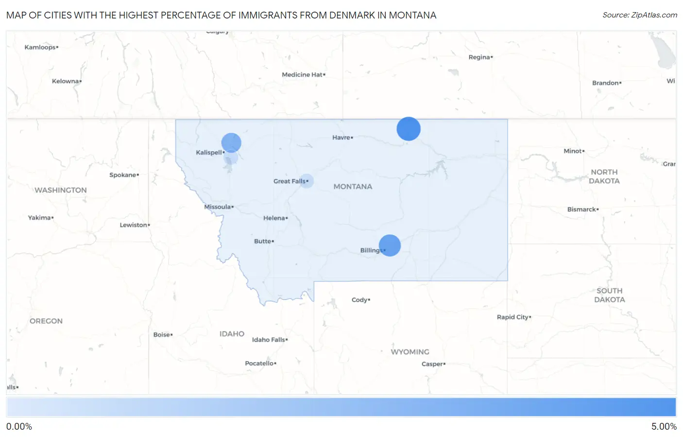 Cities with the Highest Percentage of Immigrants from Denmark in Montana Map
