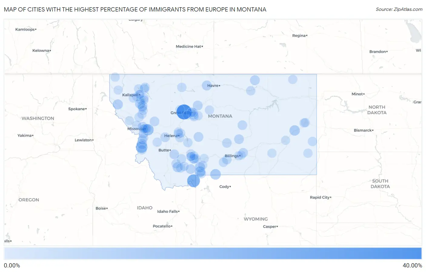 Cities with the Highest Percentage of Immigrants from Europe in Montana Map