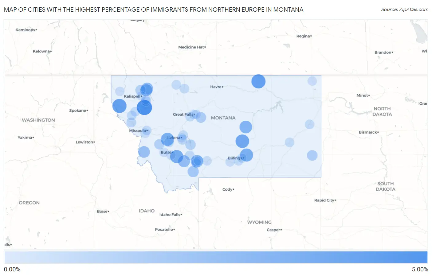 Cities with the Highest Percentage of Immigrants from Northern Europe in Montana Map