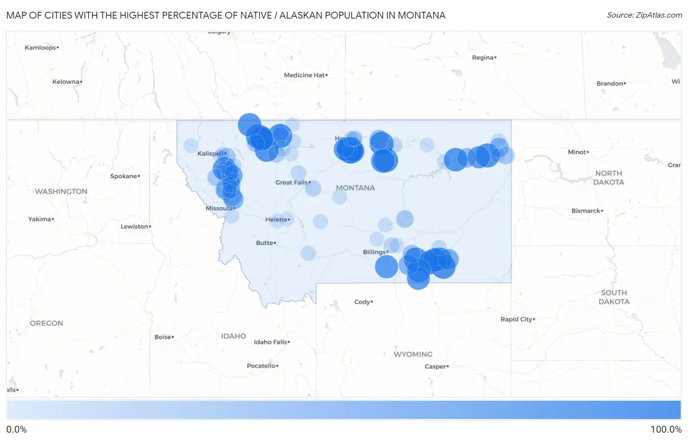 Cities with the Highest Percentage of Native / Alaskan Population in Montana Map