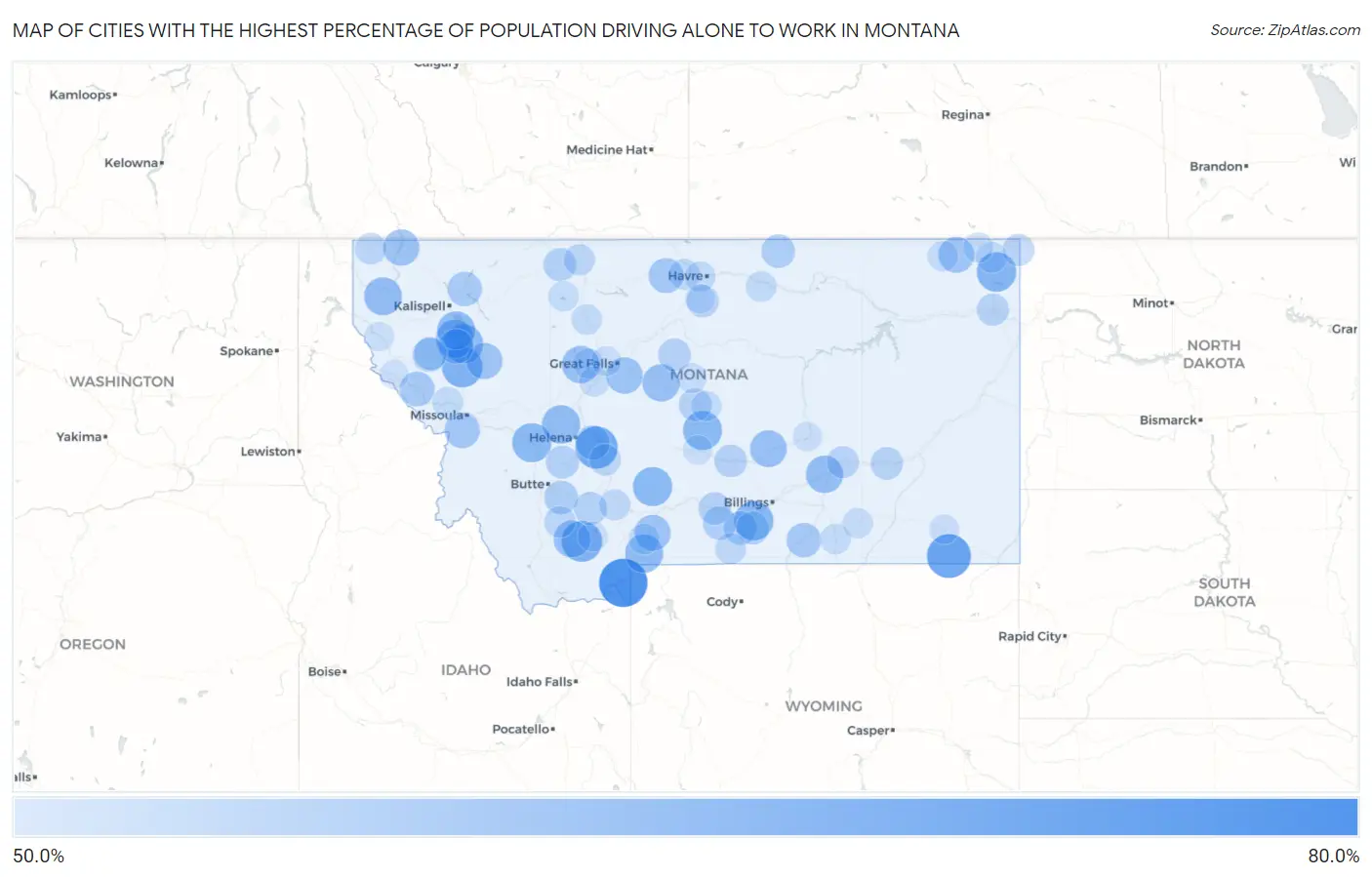 Cities with the Highest Percentage of Population Driving Alone to Work in Montana Map