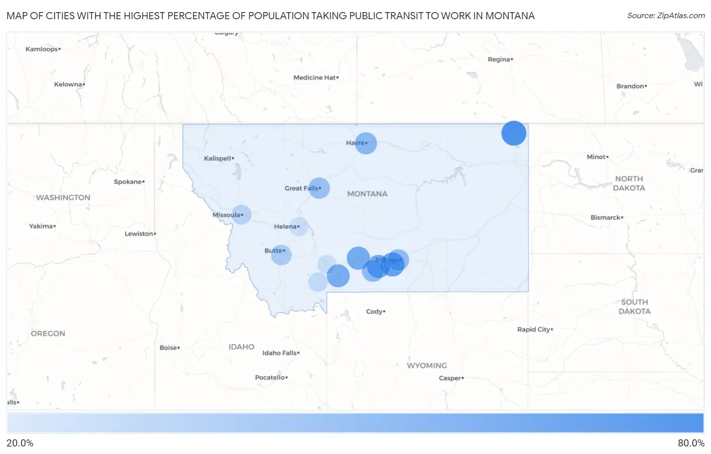Cities with the Highest Percentage of Population Taking Public Transit to Work in Montana Map