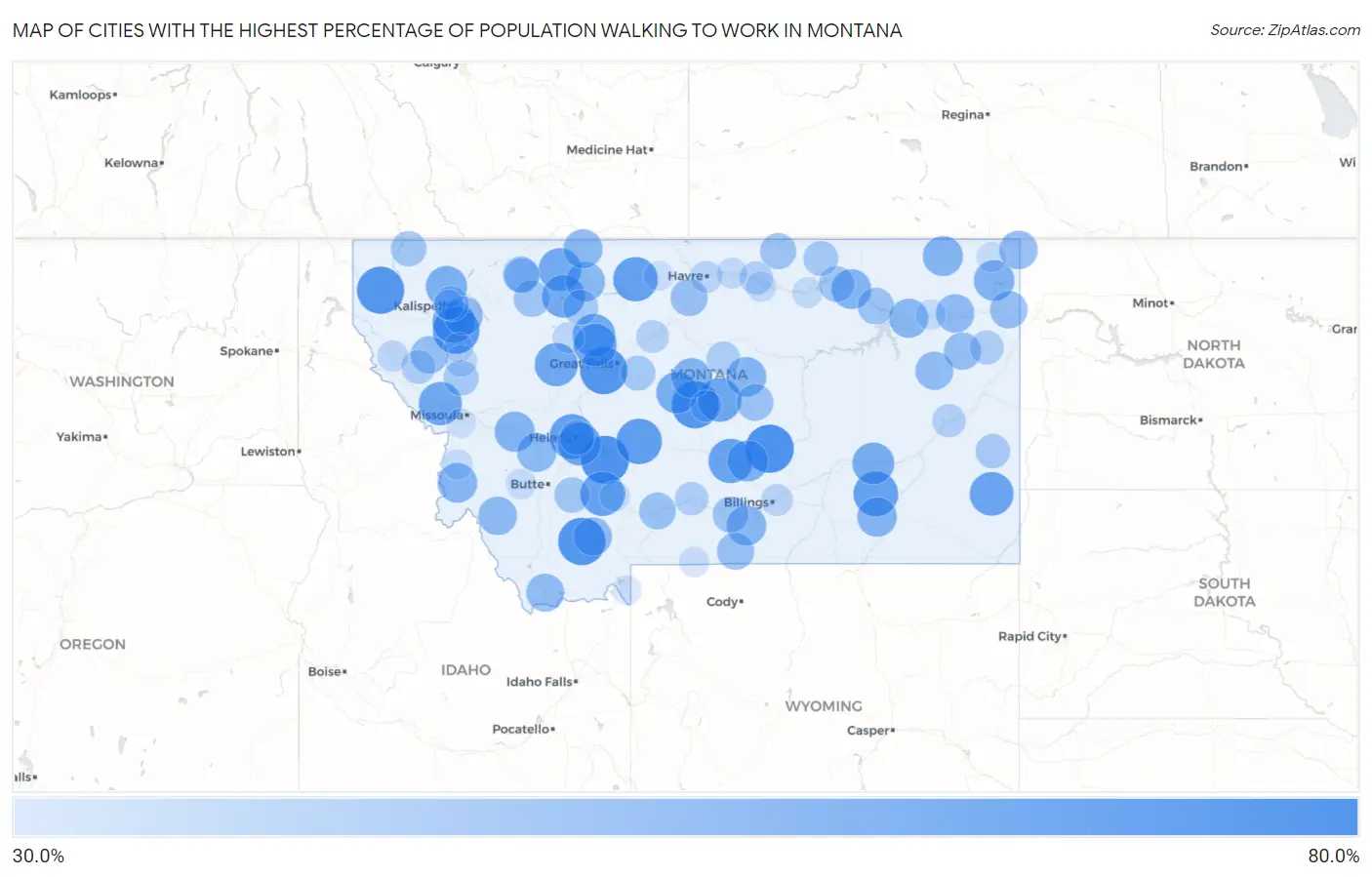 Cities with the Highest Percentage of Population Walking to Work in Montana Map