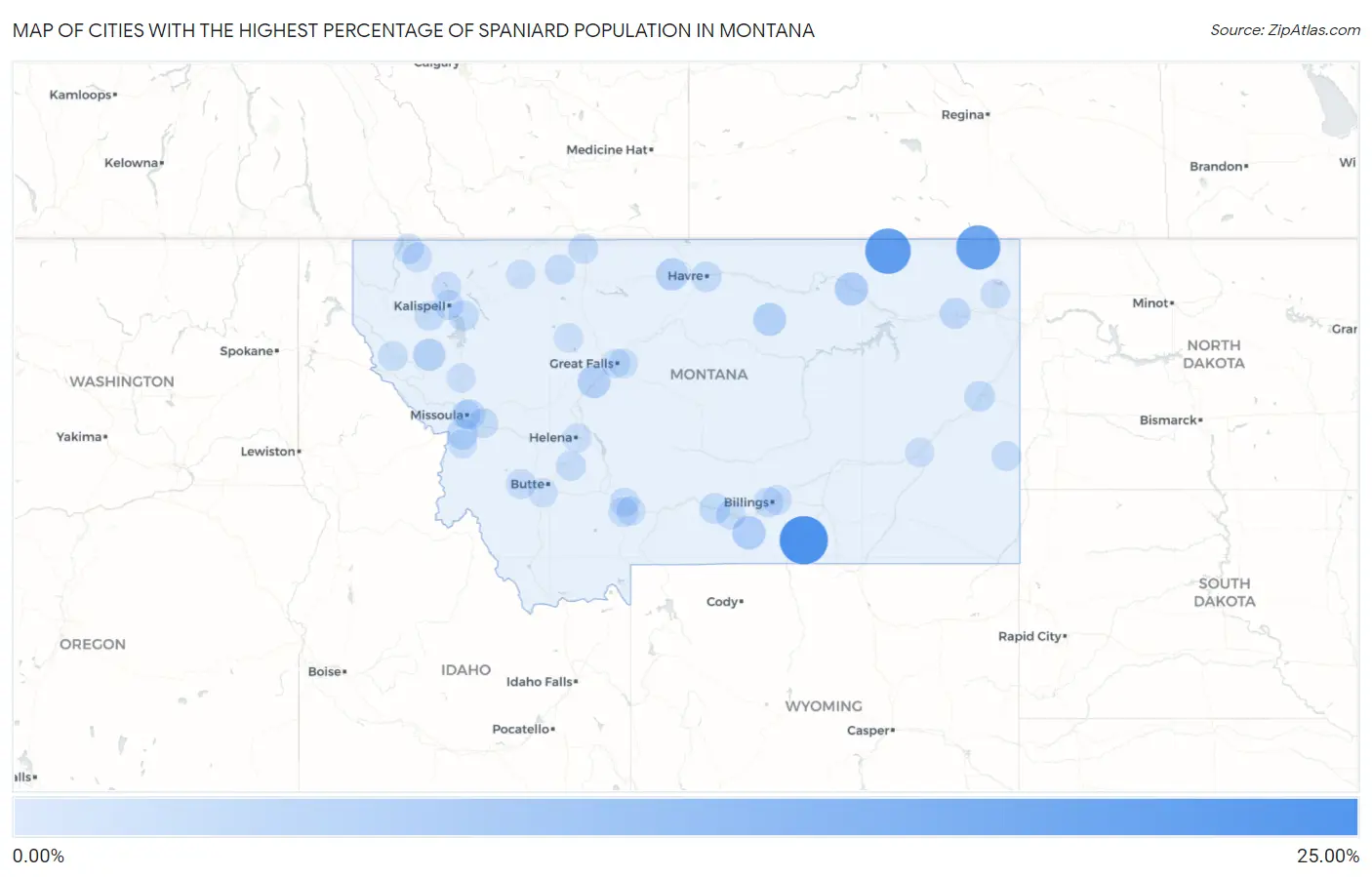 Cities with the Highest Percentage of Spaniard Population in Montana Map