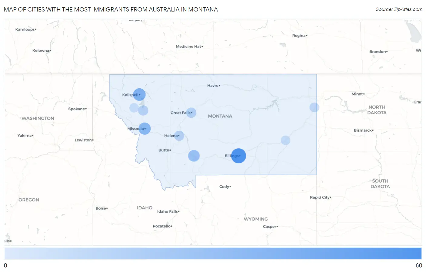 Cities with the Most Immigrants from Australia in Montana Map