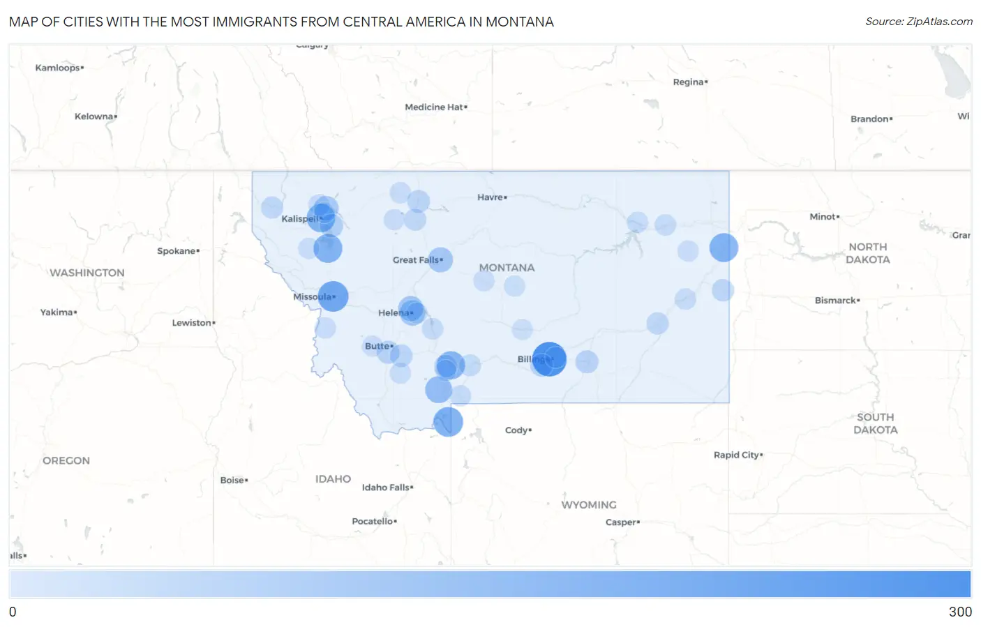 Cities with the Most Immigrants from Central America in Montana Map