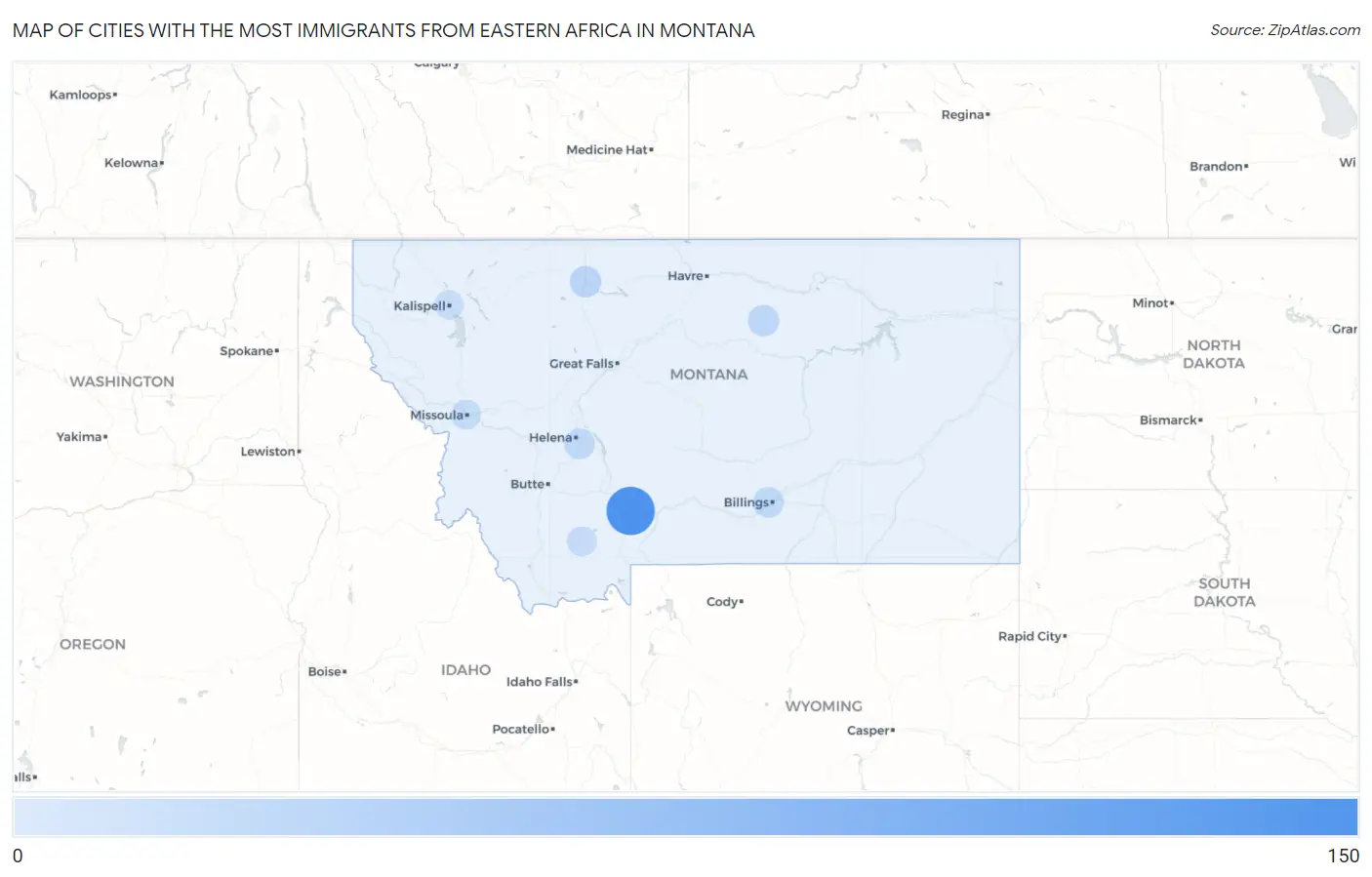 Cities with the Most Immigrants from Eastern Africa in Montana Map