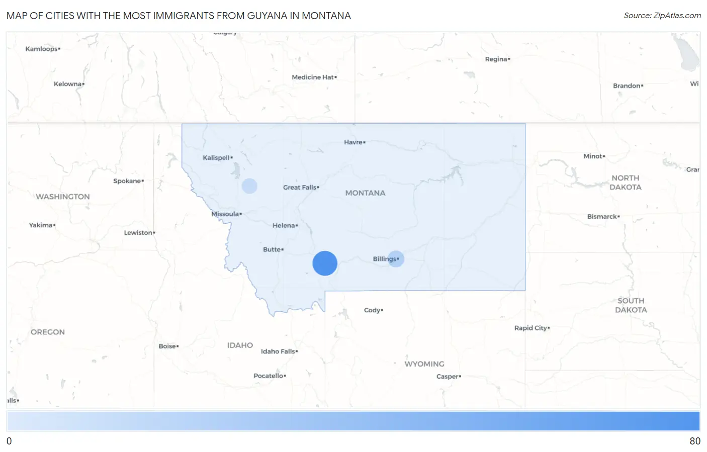 Cities with the Most Immigrants from Guyana in Montana Map