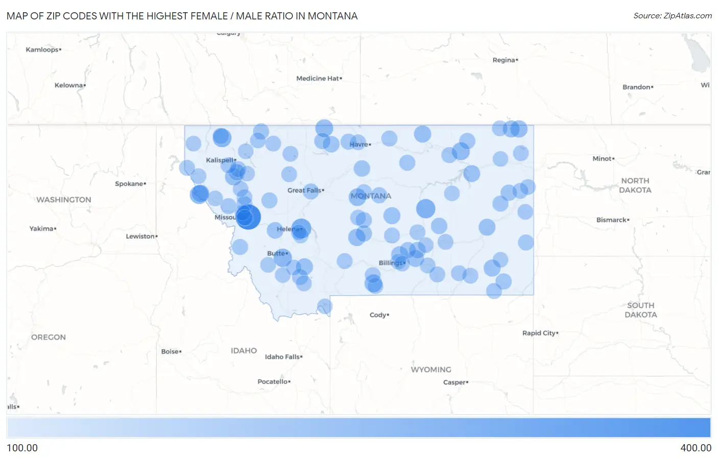 Zip Codes with the Highest Female / Male Ratio in Montana Map