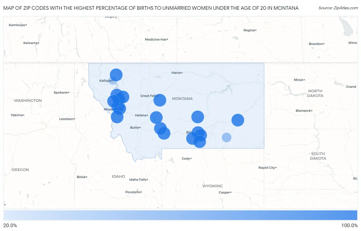 Zip Codes with the Highest Percentage of Births to Unmarried Women under the Age of 20 in Montana Map