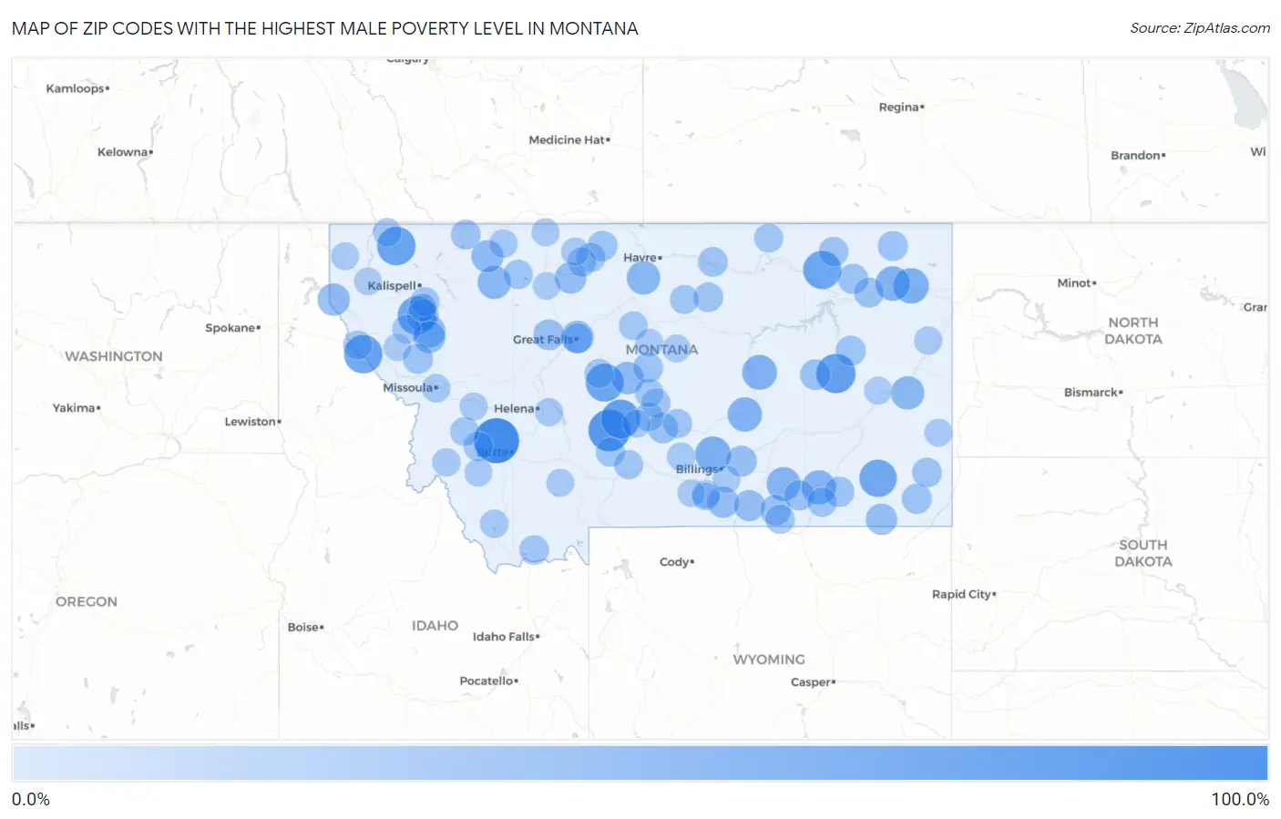 Zip Codes with the Highest Male Poverty Level in Montana Map