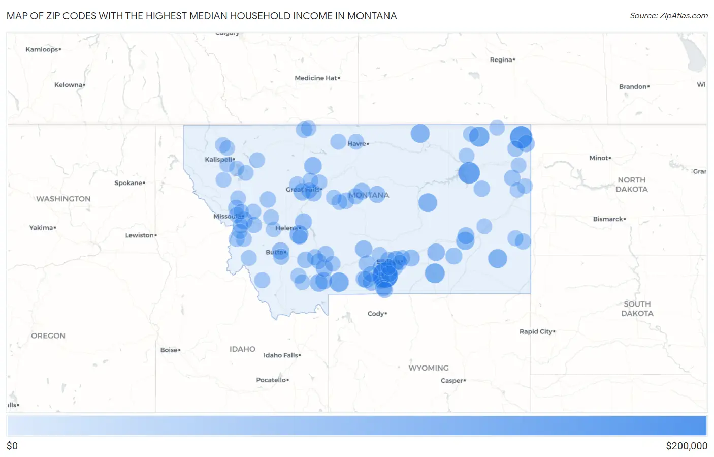 Zip Codes with the Highest Median Household Income in Montana Map